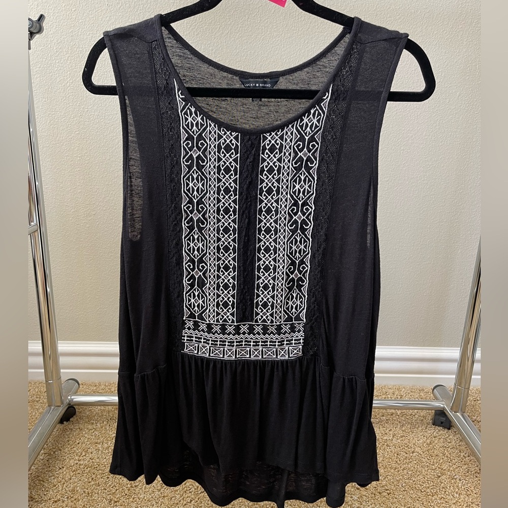 Lucky Brand Top Black w/White Embroidery L/G - EUC (130)
